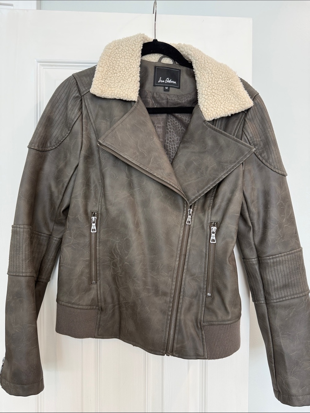 Sam Edelman Taupe Gray Faux Leather Shearling Collar Moto Jacket